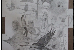 Gedachtenwereld van Jeroen Bosch - papiercollage op hout - 2016 - 60 x 117 cm.
